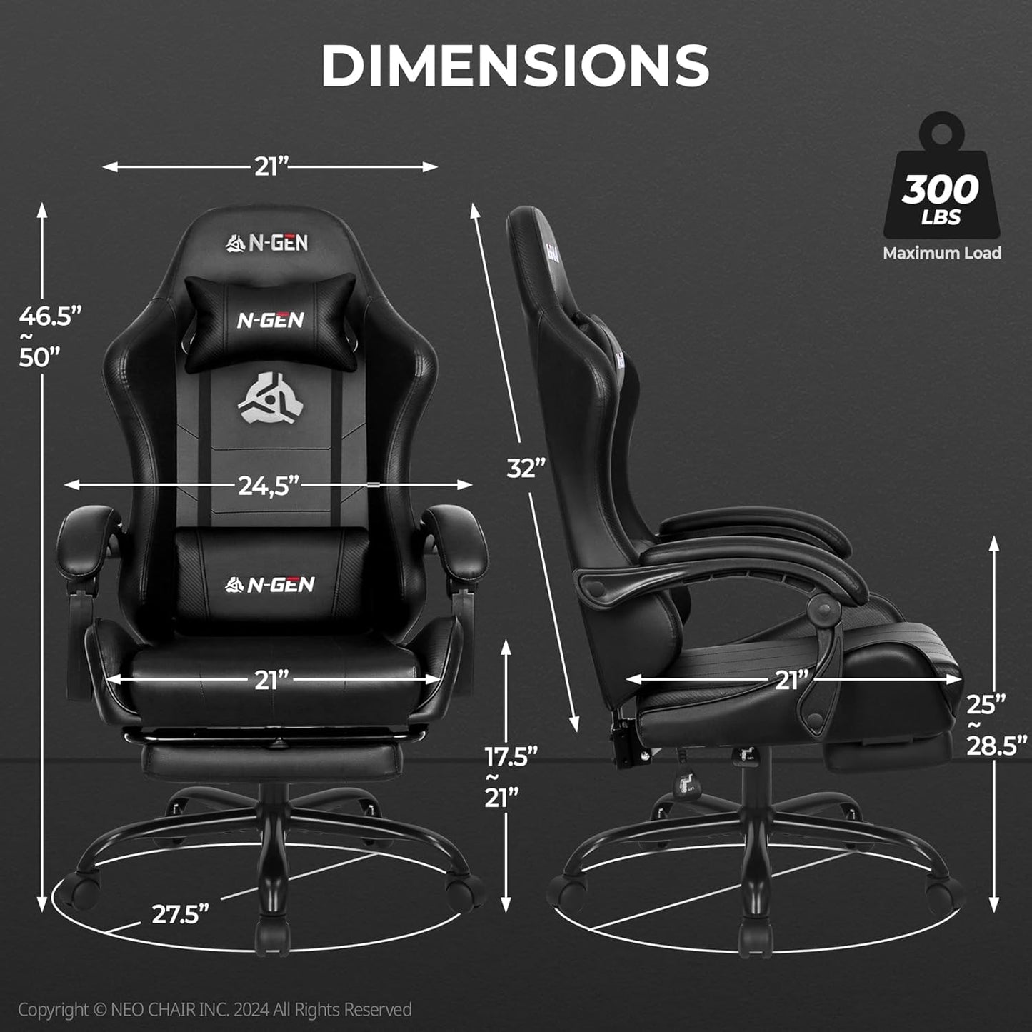 N-GEN GAMING Video Gaming Chair with Footrest Lumbar Support for Home Office High Back Recliner Height Adjustable Ergonomic Comfy Leather Computer Desk Chair (Black)