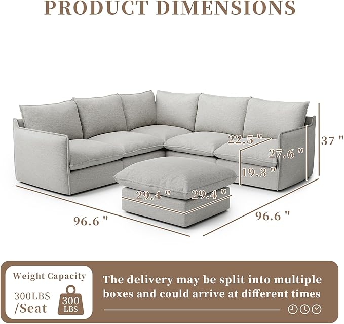 Gtilzria Waterproof Cloud Sectional Couches for Living Room,High Backrest Down Filled Couch,6 Seater Oversized Modular U-Shaped Sofas with Ottoman,Detachable Sofa Covers,Light Grey