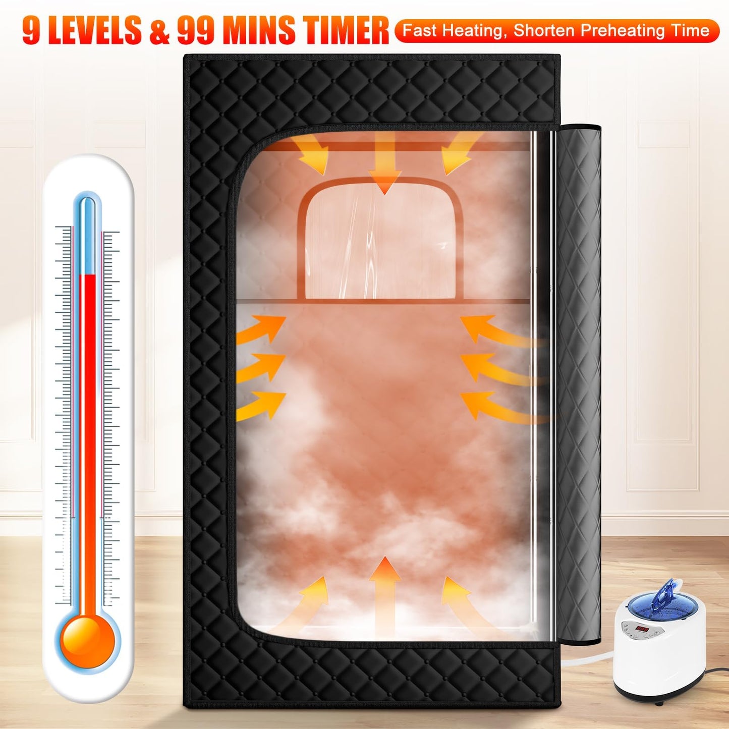 X-Vcak Upgraded Sauna Box for Relaxation, Detoxification, Portable Steam Sauna for Home with Steamer, Remote Control, Folding Chair, 9 Levels, 2.6’ x 2.6’ x 5.9’, Black
