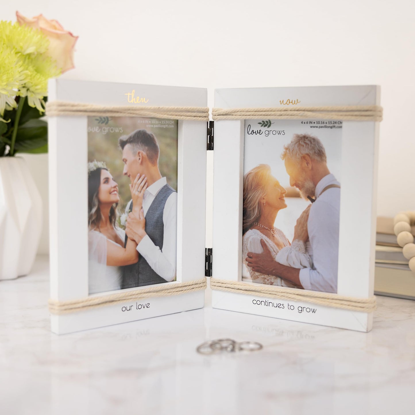 Pavilion Gift Company - Then & Now Our Love Continues To Grow - Double 4" x 6" Vertical Hinged Picture Frame Newly Engaged Fiancé Fiancée Couple Party Gift Wedding Anniversary Wife Husband Milestone