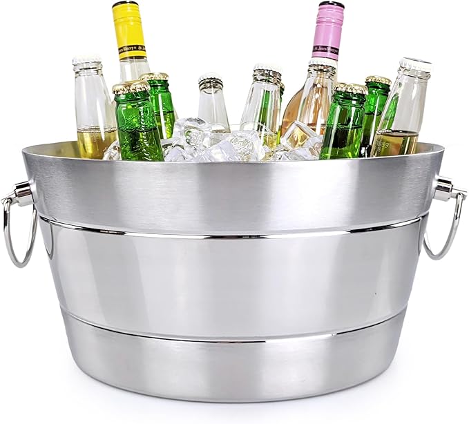 BREKX Stainless Steel Ice Bucket for Parties, Double Wall Insulated Anchored Brushed Drink Tub & Wine Bucket with Double H...