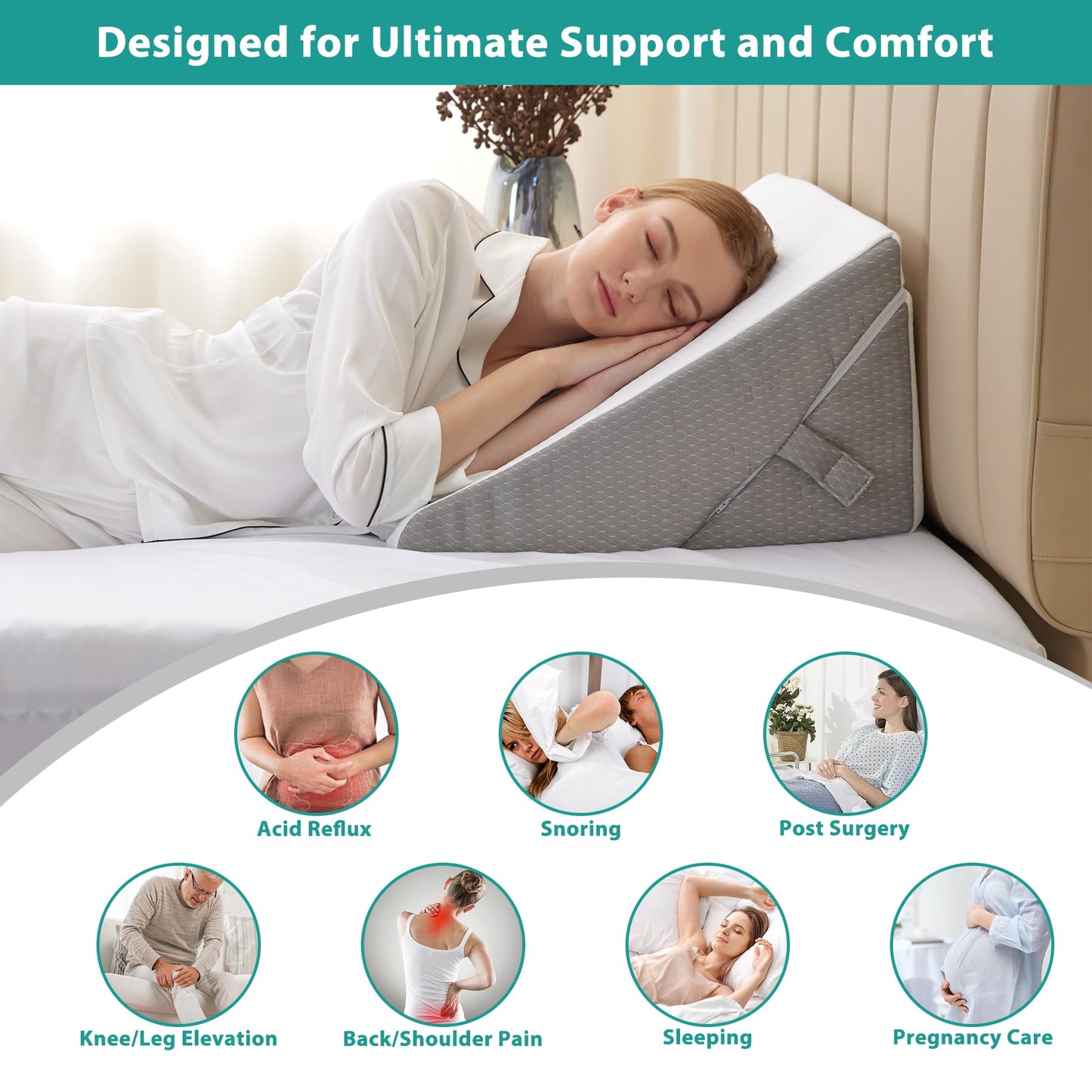 Bedluxe Wedge Pillow for Sleeping, Adjustable 9&12 Inch Foldable Bed Wedge Pillow Set, Orthopedic Memory Foam Triangle Pillows Wedge, 7-in-1 Elevated Pillows for Leg and Back Support, White/Grey