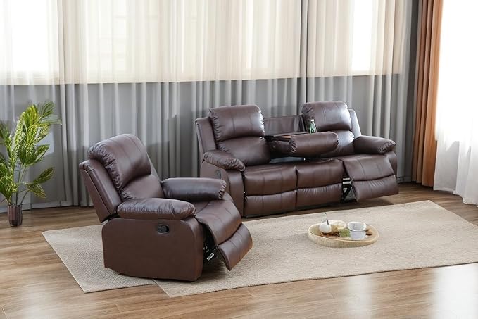 A Ainehome Living Room Furniture Set Leather Recliner Sofa Set Loveseat Chair Furniture Sofa Set for Living Room/Small Space/Rv/House/Office/Theater Seating (A-Brown Leather, Sofa+Chairs)