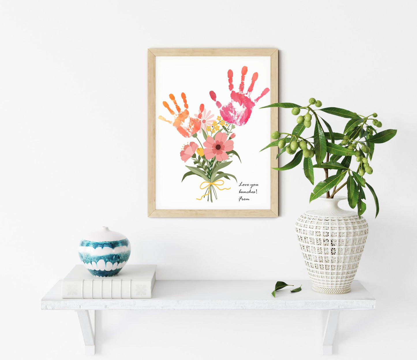 TwoDays Flower Bouquet Handprint Art Craft DIY Kit, Unique Gifts for Mom from Daughter or Son for Mother's Day Birthday Christmas, Gift for Grandma.(12" X 16", with Wood Frame)