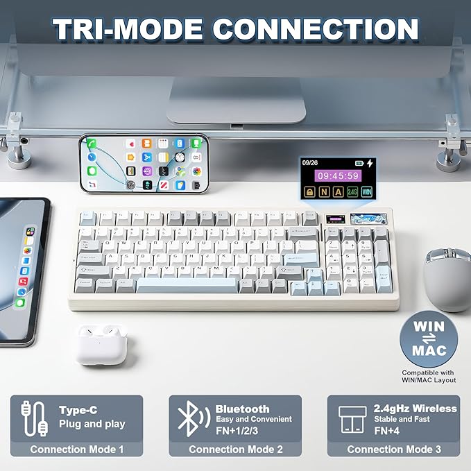 YUNZII IF99 Wireless Mechanical Gaming Keyboard with Smart LCD Display, QMK/VIA Programmable BT/2.4G/USB-C Gasket Mounted Hot Swap RGB 96% Layout for Mac/Win (White, Cocoa Cream V2 Switch)