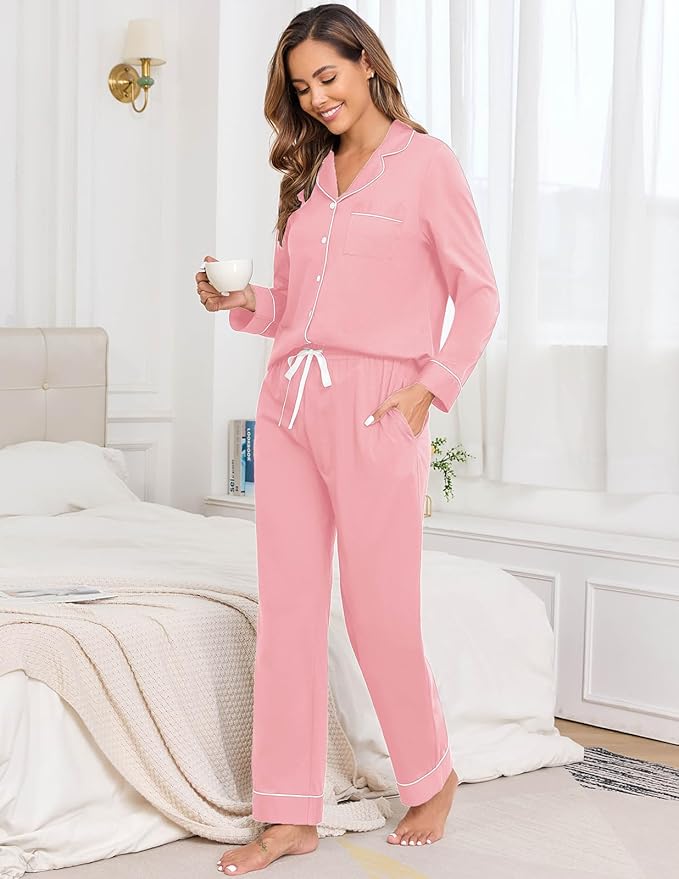 Veseacky 100% Cotton Pajamas for Women Set Long Sleeve Button Down Sleepwear Soft Pjs Lounge Sets with Pockets XS-XXL