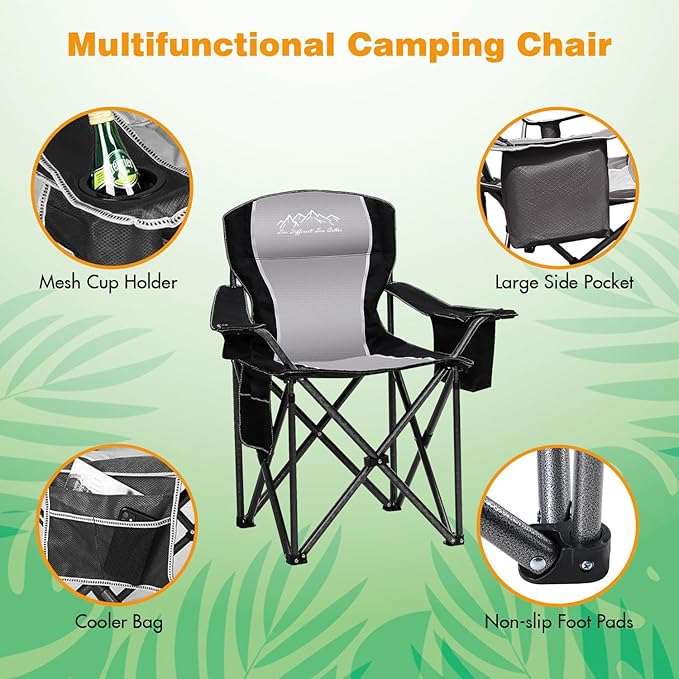 SAILARY 2PCS Folding Camping Chair Portable Outdoor Heavy Duty Padded Chairs Lawn Chair with Cup Holder, Storage Pocket and Cooler Bag, Supports 450LBS Black