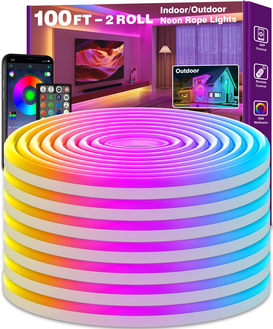 SINLEY Led Neon Rope Lights 100FT,Control with App/Remote,Flexible Led Rope Lights,Multiple Modes,IP68 Outdoor RGB Neon Lights Waterproof,Music Sync Gaming Led Strip Lights for Bedroom Indoor