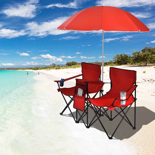 ReunionG Double Folding Camping Chairs, Portable Beach Chairs with Removable Umbrella & Mini Table Carrying Bag, Outdoor Lawn Chairs for Picnic, Patio, Pool, Park (Red)