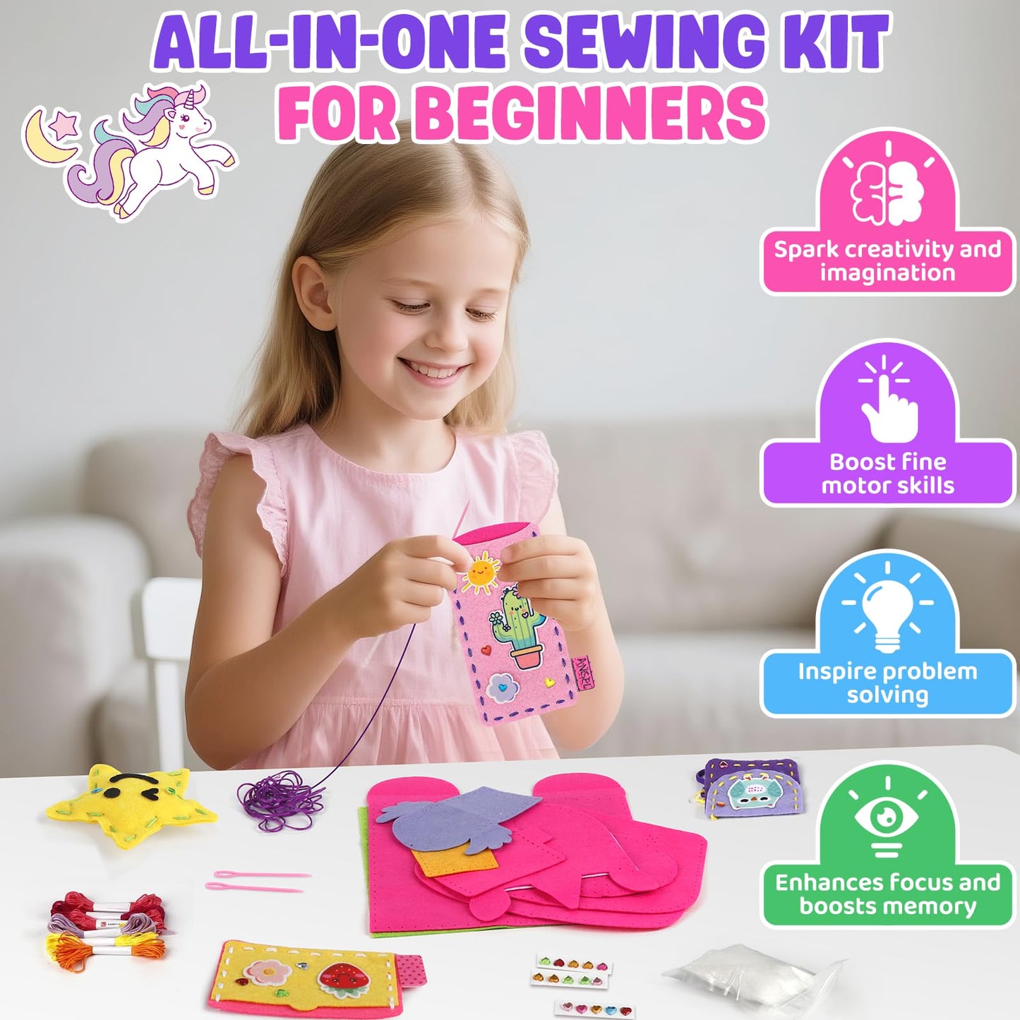 Sewing Kit for Beginner Kids, 10Pcs Unicorn Bear DIY Arts and Crafts Box, Felt Art Projects, Blind Box Craft Supplies, Learn to Sew Embroidery Kit, Birthday Gift for Girls 3 4 5 6 7 8 Years Old