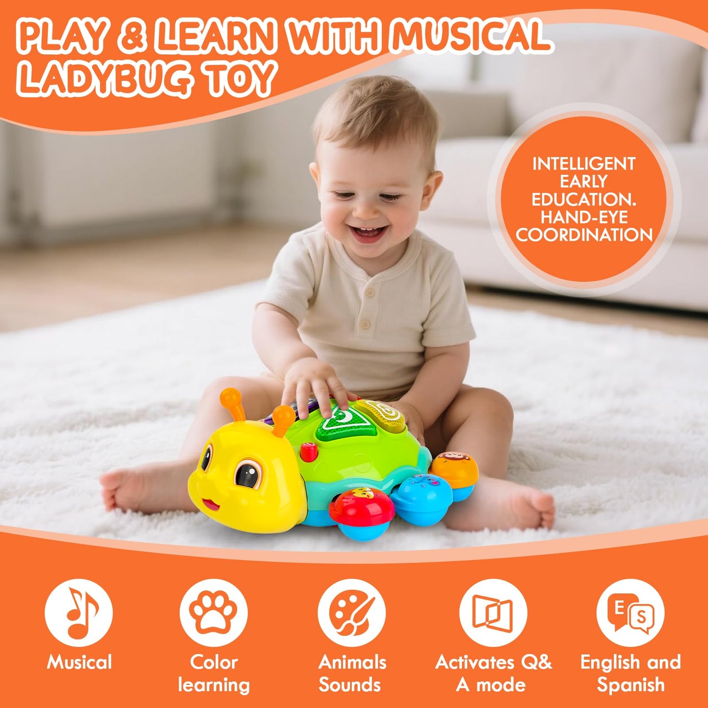 AUUGUU Musical Baby Toys, Infant Light up Music Toys Tummy Time Development, Crawling Toy for 6 7 8 9 10 11 12+ Month Old, Christmas Birthday Gifts for Babies