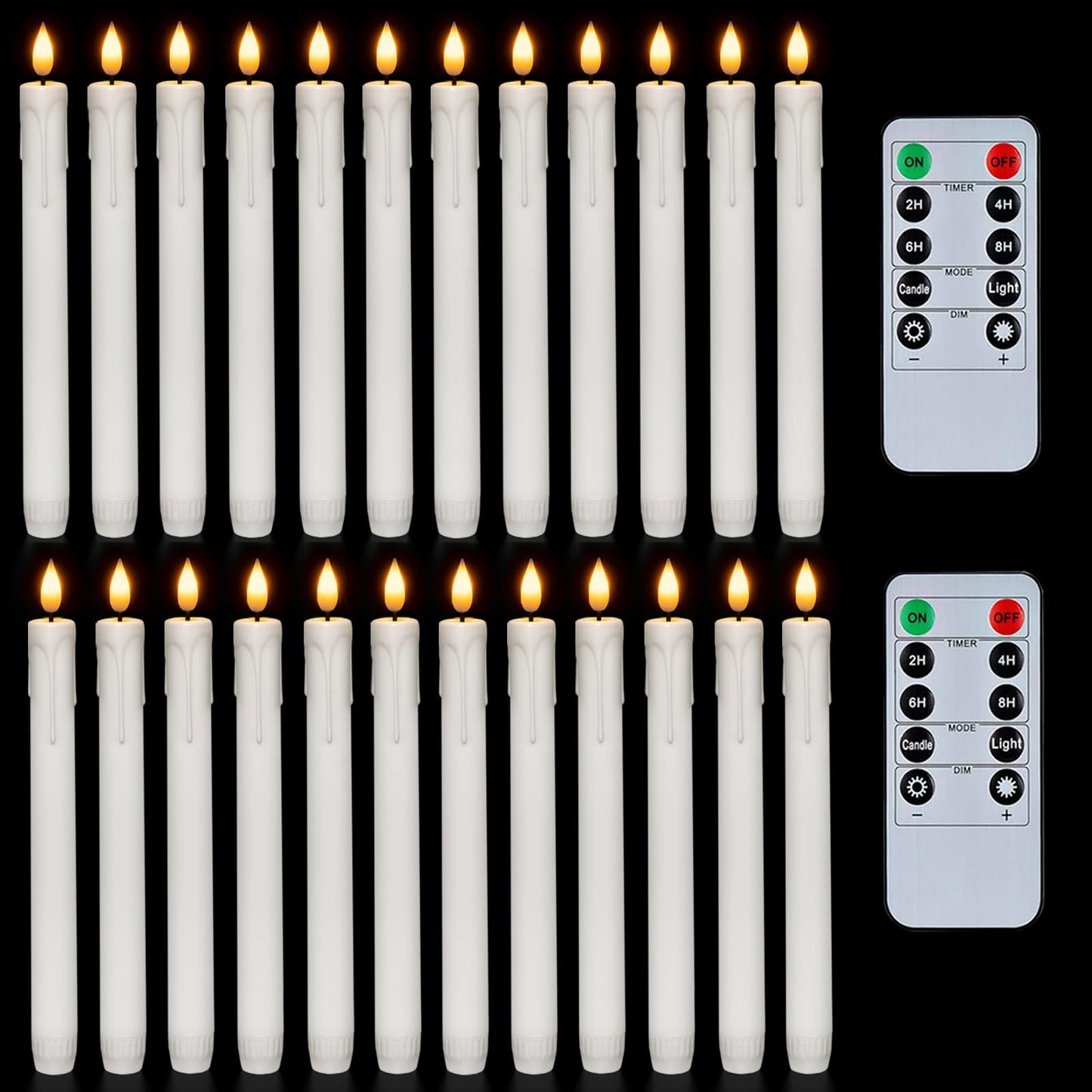 Homemory 24 Pcs Plastic Flameless Taper Candles with Remote Timer Dimmer, White Taper Candles Battery Operated with Flickering Flame Light Lifelike Led Candlesticks for Indoor Decoration 9.6 Inches