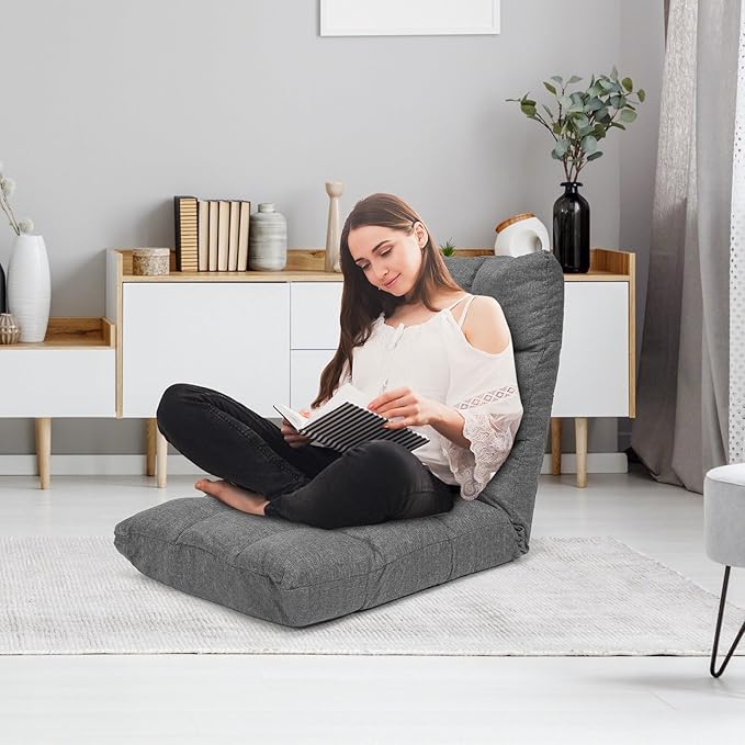 GORELAX Floor Chair with Back Support, 14-Poistion Adjustable Folding Gaming Chair Recliner, Meditation Chair with Steel Frame, Padded Lazy Sofa Chair for Adults, Kids (Gray)