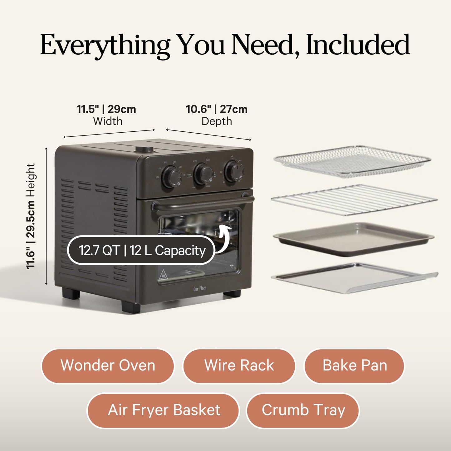 Our Place Wonder Oven | 6-in-1 Stainless Steel Air Fryer Toaster Oven Combo with Basket, Rack, Pan & Tray | Compact 13 QT Countertop Capacity - Toast, Roast, Bake, Reheat, Broil & Steam | Char