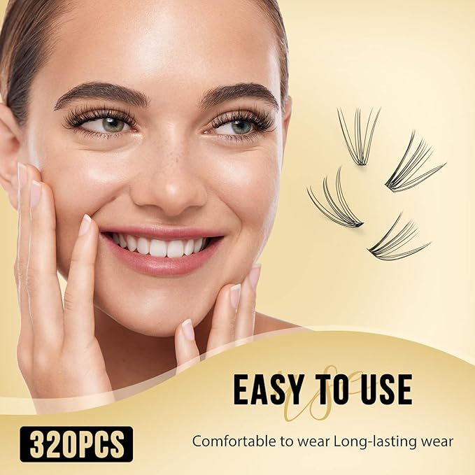 QUEWEL Lash Clusters 320Pcs Cluster Lashes 10D+20D D Curl Lash Cluster Eyelash Extensions Mix12-18mm Individual Eyelashes Clusters Wispy Lash Clusters Thin Band Soft to Use at Home(10D+20D D Mix12-18)