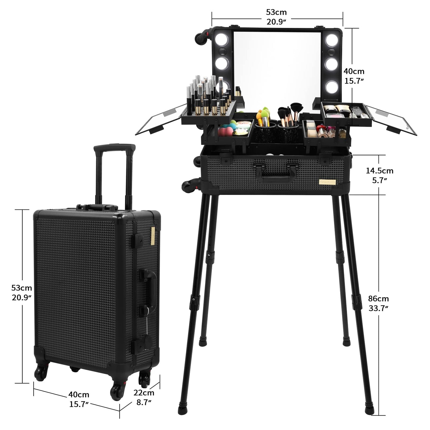 Tense Edano Aluminum Trolley Makeup Train Case with LED Lights Professional Cosmetic Organizer Studio with Speaker, Wheels and Stands Rolling Lighted Makeup Vanity Station for Travel (Black)