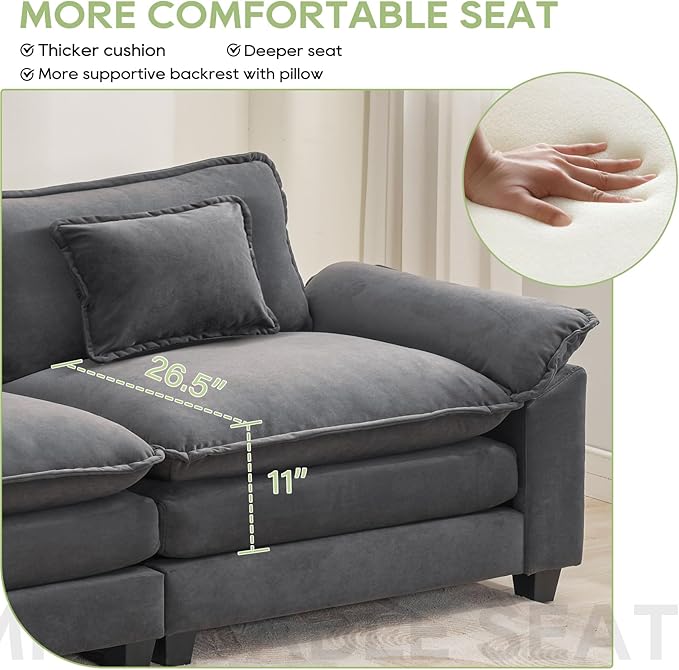 Oprisen 120" Modular Sectional Sofa, Comfy Cloud Couch Sectional Sofa, Velvet Sofa Sleeper Deep Seat Sofa with Throw Pillows for Living Room (Blue Gray, 120"- 3 Seater)