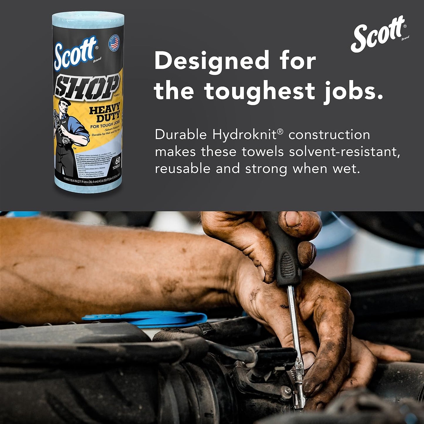 Scott Shop Original Heavy Duty Towels (32992), Blue, Cloth-like Paper Towel for Solvents, 10.4"x11" Wipe (12 Rolls of 60 Sheets, 720 Sheet Total)