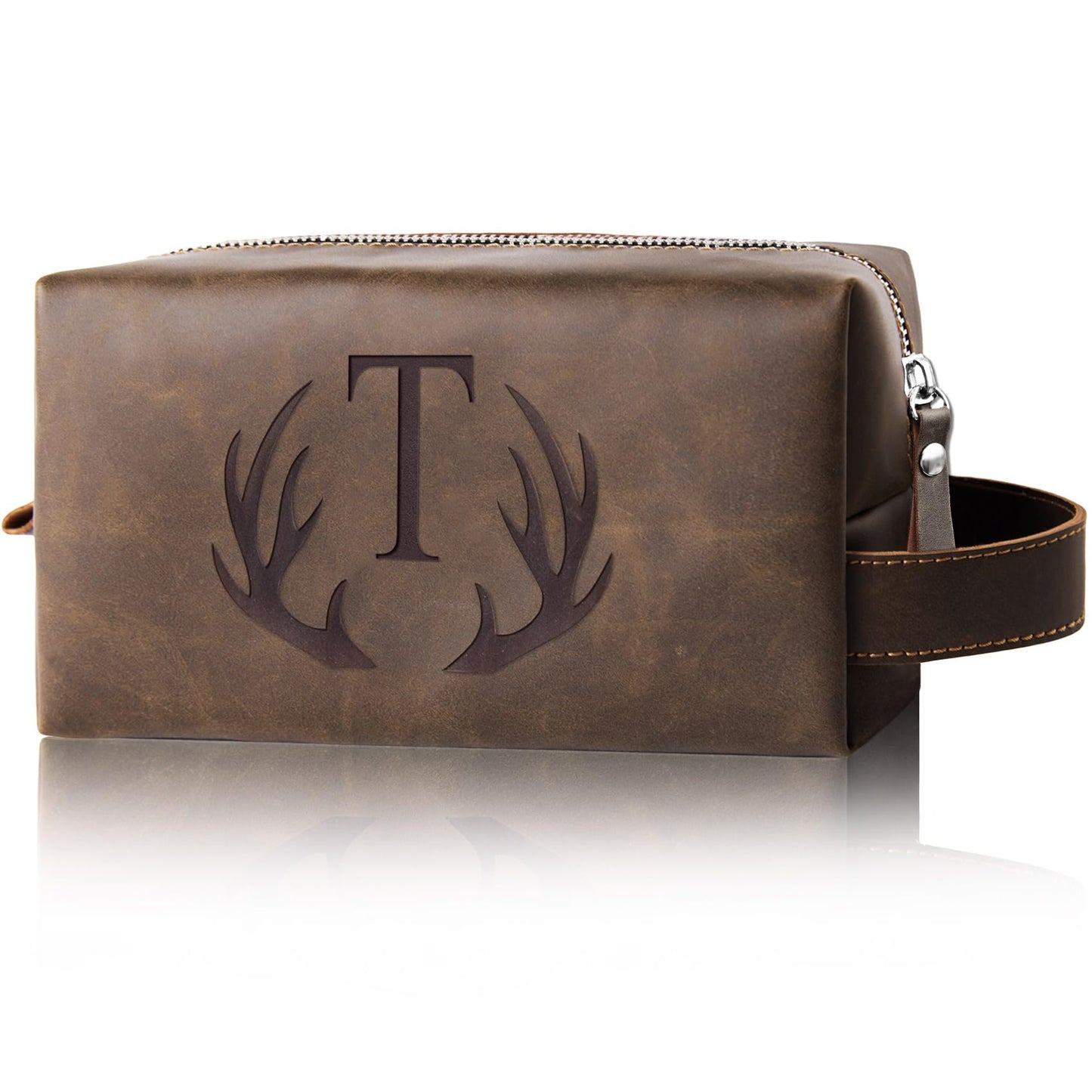 Aganmi Personalized Mens Travel Toiletry Bag Engraved Initial Letter PU Leather Waterproof Shaving Bag Cool Boss Colleague Friends Brother Gifts Storage Bags Fathers Day Birthday Gifts for Men (T)