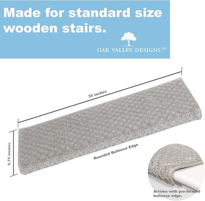 Oak Valley Designs™ Rounded Bullnose Carpet Stair Treads - Anti Slip Indoor Stair Mats for Wooden Stairs, Style: Bayside Charm, Silver Birch 35" W X 9.75" D (Set of 4)