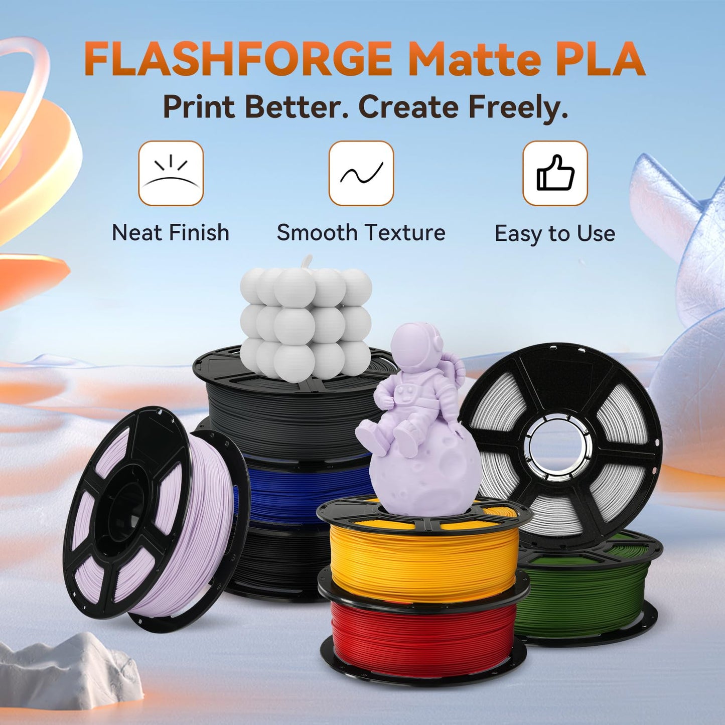 Flashforge Pla Filament 1.75Mm +/- 0.02Mm, Matte White 3D Printer Filament 1Kg (2.2Lbs) Spool, Excellent Printing Performance, E