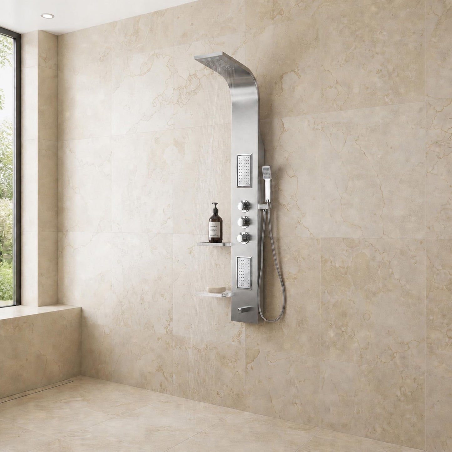 ANZZI Shower Panel Tower, Field 58 inch Long Turbo High Pressure Shower Head and Detachable Handheld Spray Rainfall Shower Panel in Brushed Steel, Rain Shower 1.8 gpm 2 Body Jets Combo (SP-AZ042)
