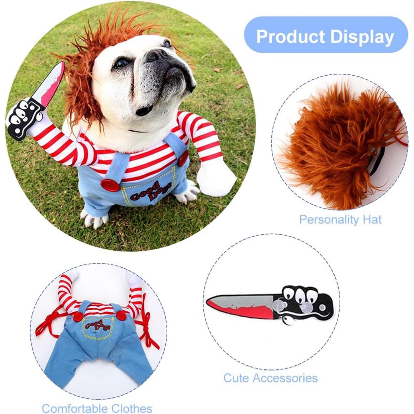 Dog Costumes, Deadly Doll Dog Costume, Chucky Dog Costume with Knife for Pets, Frenchie Clothes, Funny Dog Halloween Costume for Medium Dogs [M]