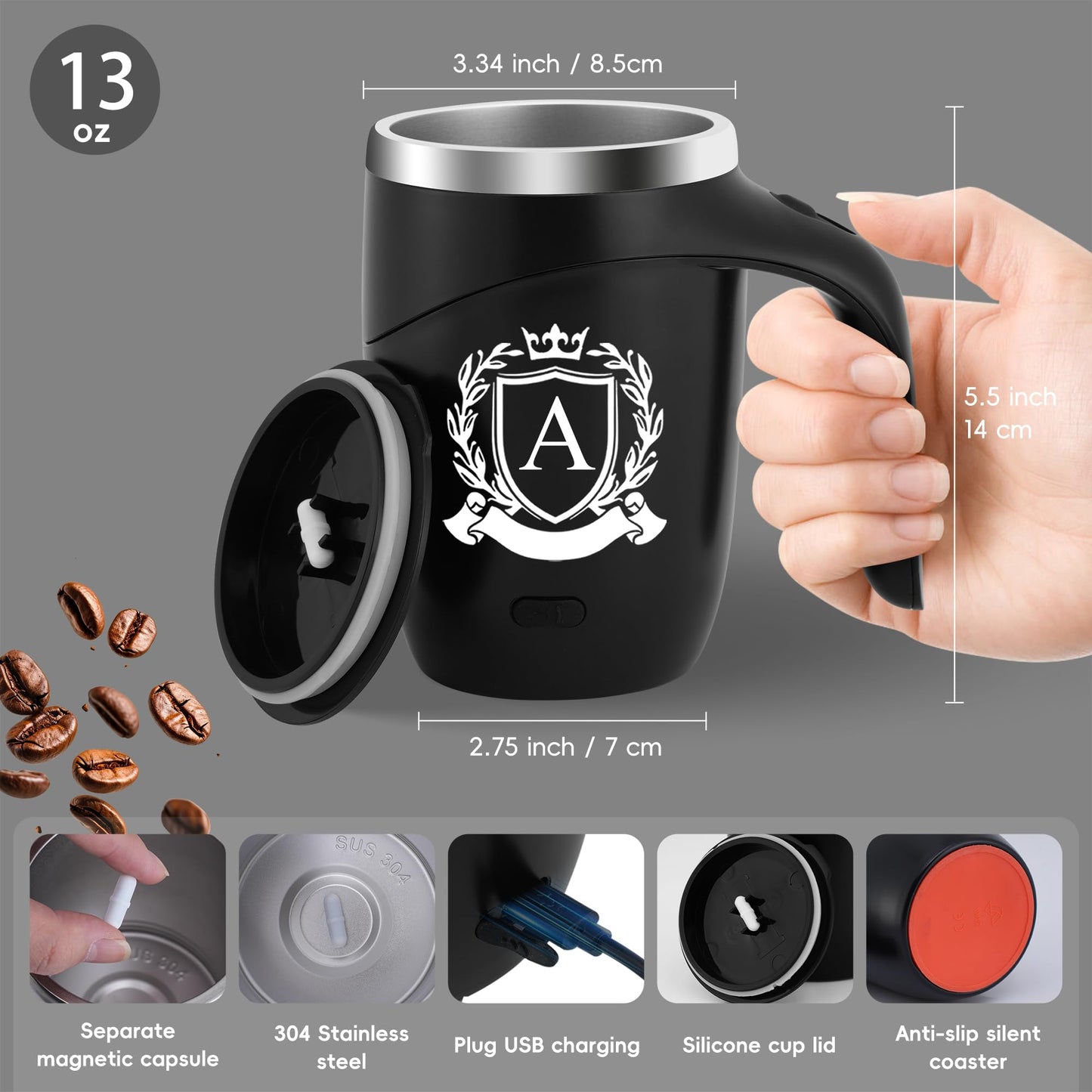 Initial Magnetic Stirring Coffee Mug Stainless Travel Initial Cup Men Guy Male Gift Ideal Best Friend Close Friendship Happy Birthday Cool Stuff Brother Ever Unique Christmas Alphabet Letter Present,G