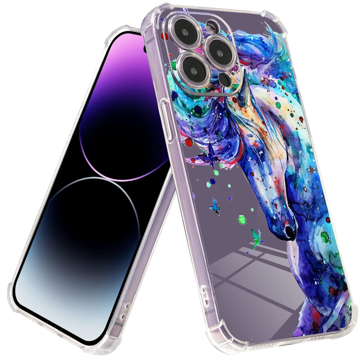 Roemary Purple Case For Iphone 12 Mini With Blue Horse Design,Watercolor Pattern With Screen Protector [Buffertech 6.6 Ft Drop I