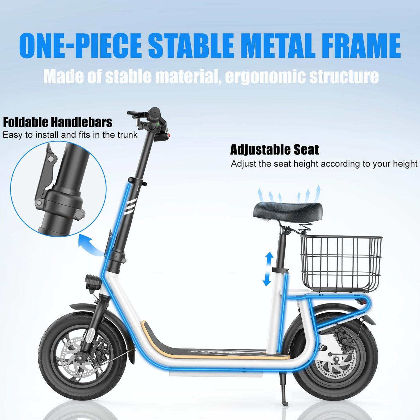 Caroma Peak 800W Electric Scooter with Seat, Electric Scooter Adults with 12" Shock-Absorbing Tires, 375Wh Battery up to 22 Miles&20MPH, Foldable Electric Bike with Seat for Commuting(White)