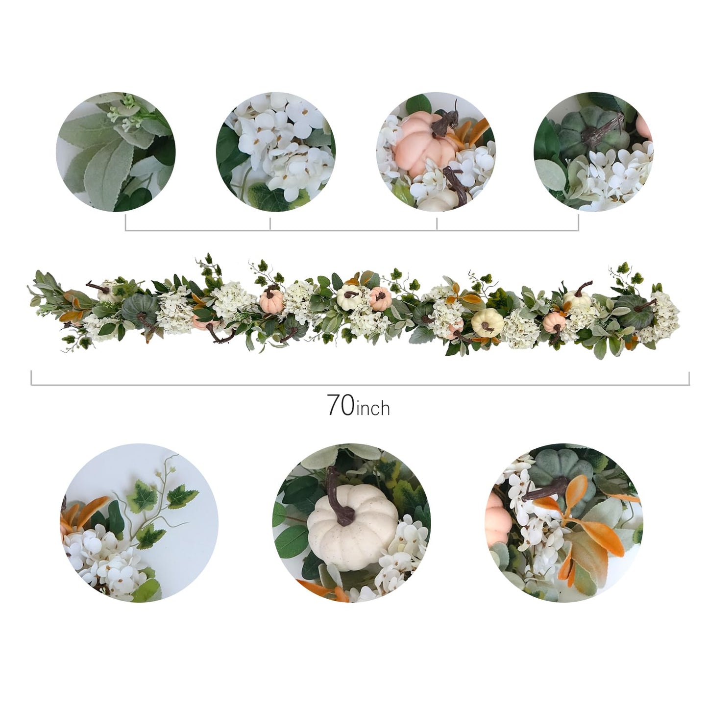 Egolot Fall Pumpkin Hydrangea Flower Garland for Doors Wall, Autumn White Coral Pumpkins with Lamb Ear Leaves for Home Decoration, Fall Home Decor Wreath Garland