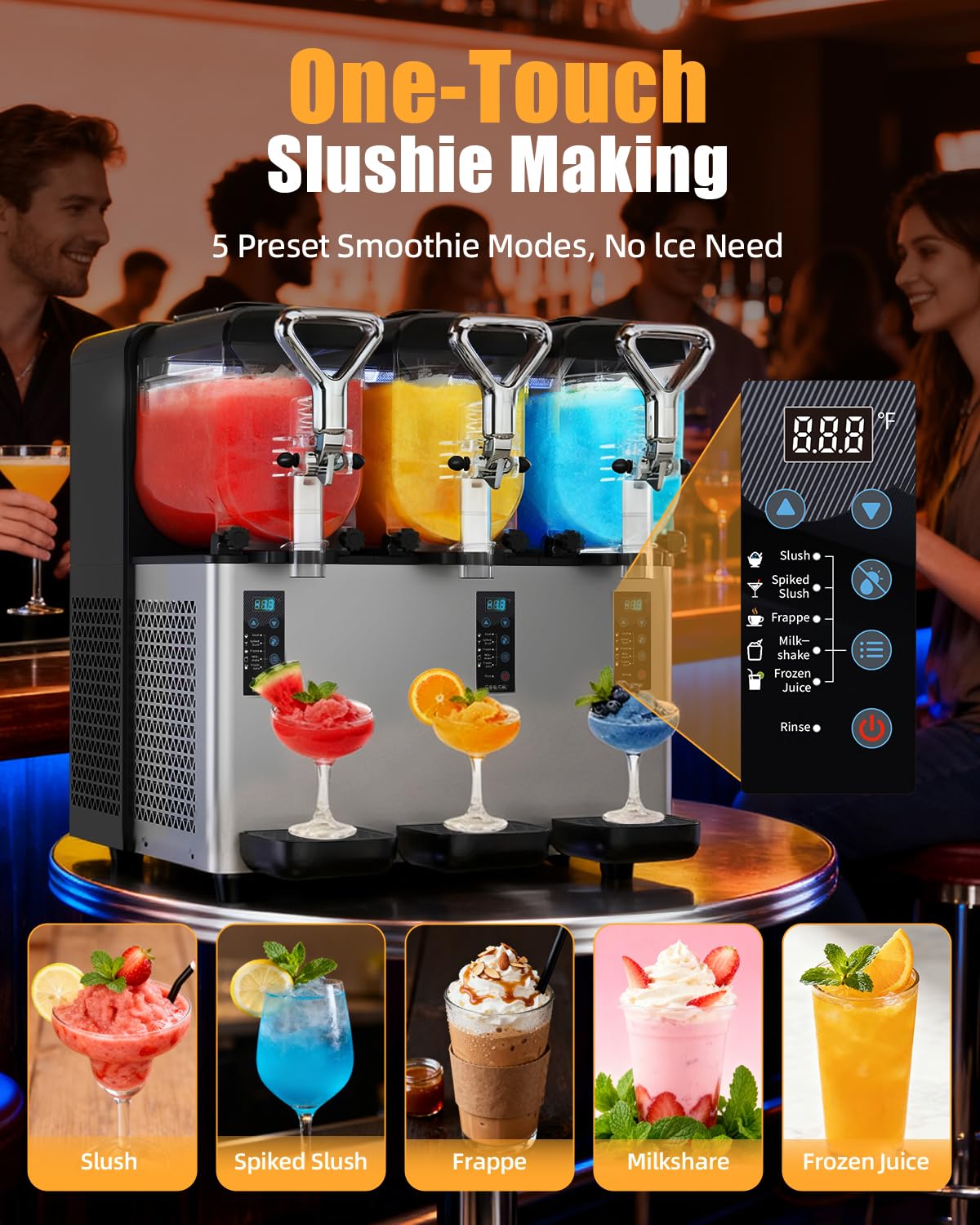 5-in-1 Commercial Slushy Machine, 135oz x 3 Tank Slushie Machine with LED Lights for Party Bars, No Ice Needed, Superior Smooth Output Margarita Machine for Slush, Cocktails, Frappe, Milkshake, Juice