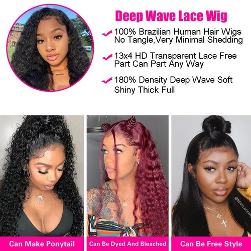 13x4 Lace Front Wigs Human Hair 200 Density Deep Wave Wigs Pre Plucked with Natural Baby Hair for Women HD Transparent Lace Frontal Wigs Brazilian Virgin Deep Curly Wigs Natural Hairline 18 inch