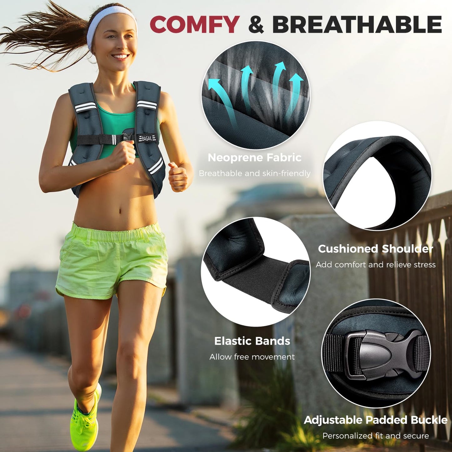 BAGAIL Weighted Vest, 5lb/8lb/10lb/12lb/15lb/20lb/25lb/30lb Weight Vest for Walking & Weight Loss, Reflective Rucking Vest with Phone Pouch for Women & Men, Home Gym & Outdoor Training