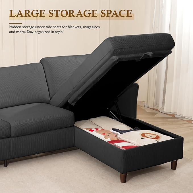 Valthie Convertible Sectional Sofa,Corduroy L-Shaped Couch with Reversible Storage Chaise,3-Seater Sofa with Side Pocket for Living Room,Bedroom and Office, 106.7",Grey