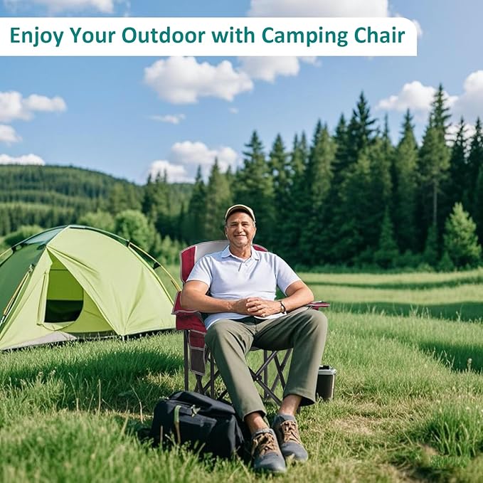 SAILARY Camping Chair Heavy Duty High Back Folding Chair with Cup Holder, 450lbs Capacity, Padded Seat, Cooler Bag & Storage Pocket, Portable for Outdoor, Beach, Fishing, Sports, Red