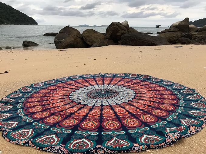 raajsee Blue Orange Mandala Round Beach Tapestry Hippie/Boho Mandala Beach Blanket Roundie/Indian Cotton Throw Bohemian Ro...