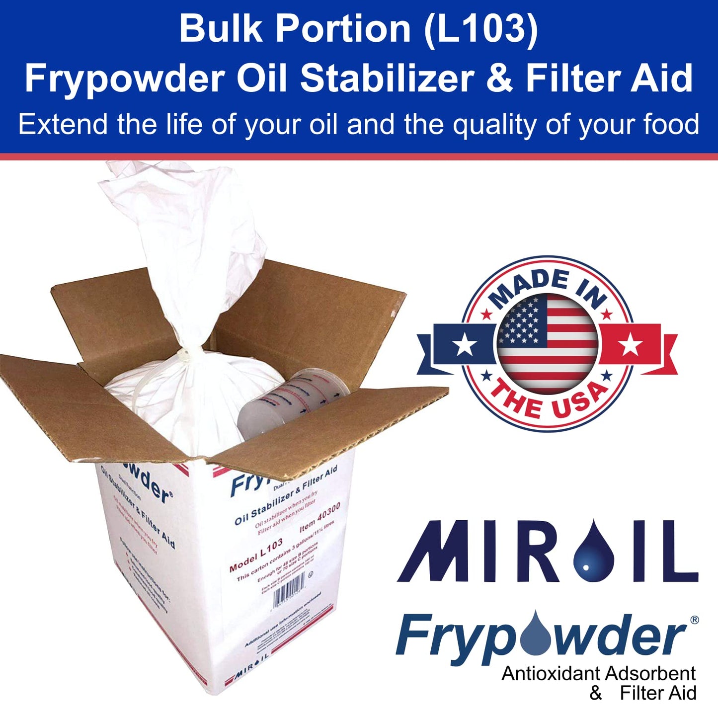 MirOil L103 Fry Powder Oil Stabilizer and Filter Aid, Case of 3 Gallons of Fry Powder, Remove Fryer Oil Contaminant, Save Grease & Remove Carbon Deposits, Reduce Usage, Deep Fryer Cooking Grease Saver