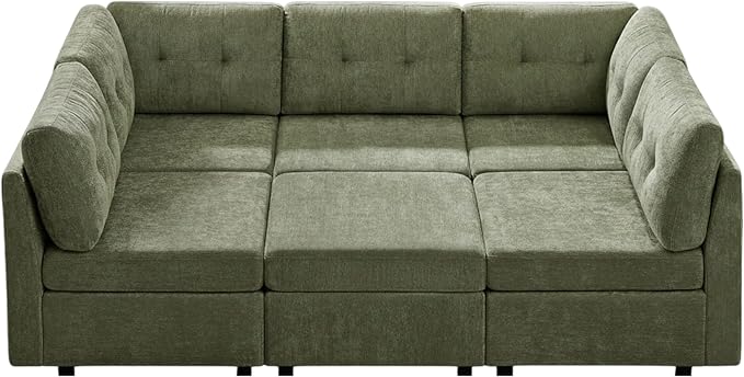 VANOMi 5 Seater Cloud Couches for Living Room with Ottoman, Convertible Modular Sectional Sofa Bed, Chenille Cloud Sofas & Couches for Apartment, Office, Green, Sofa Bed