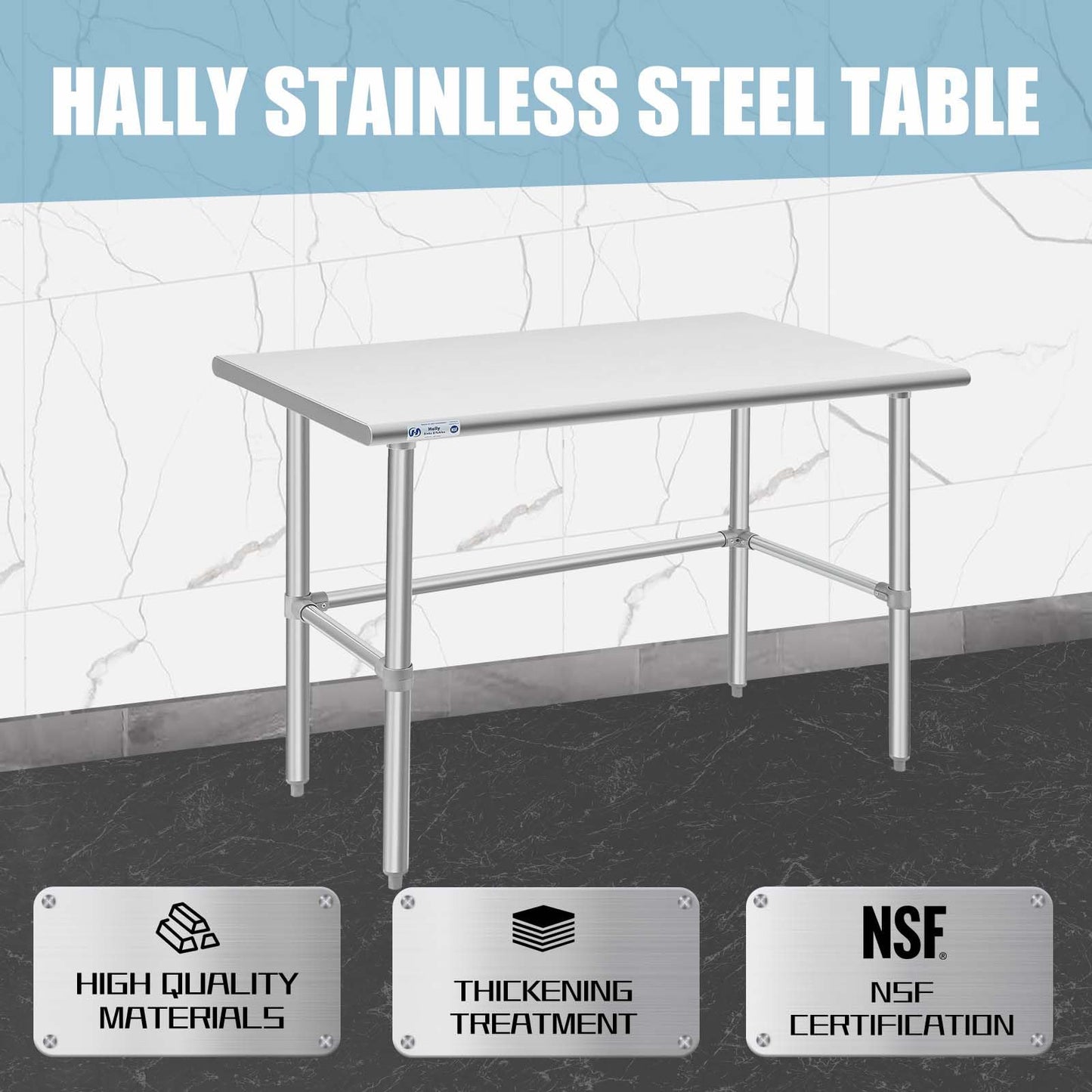 Hally Open Base Stainless Steel Table 30 x 48 Inches, NSF Commercial Heavy Duty Prep & Work Table with Galvanized Legs for Restaurant, Home and Hotel