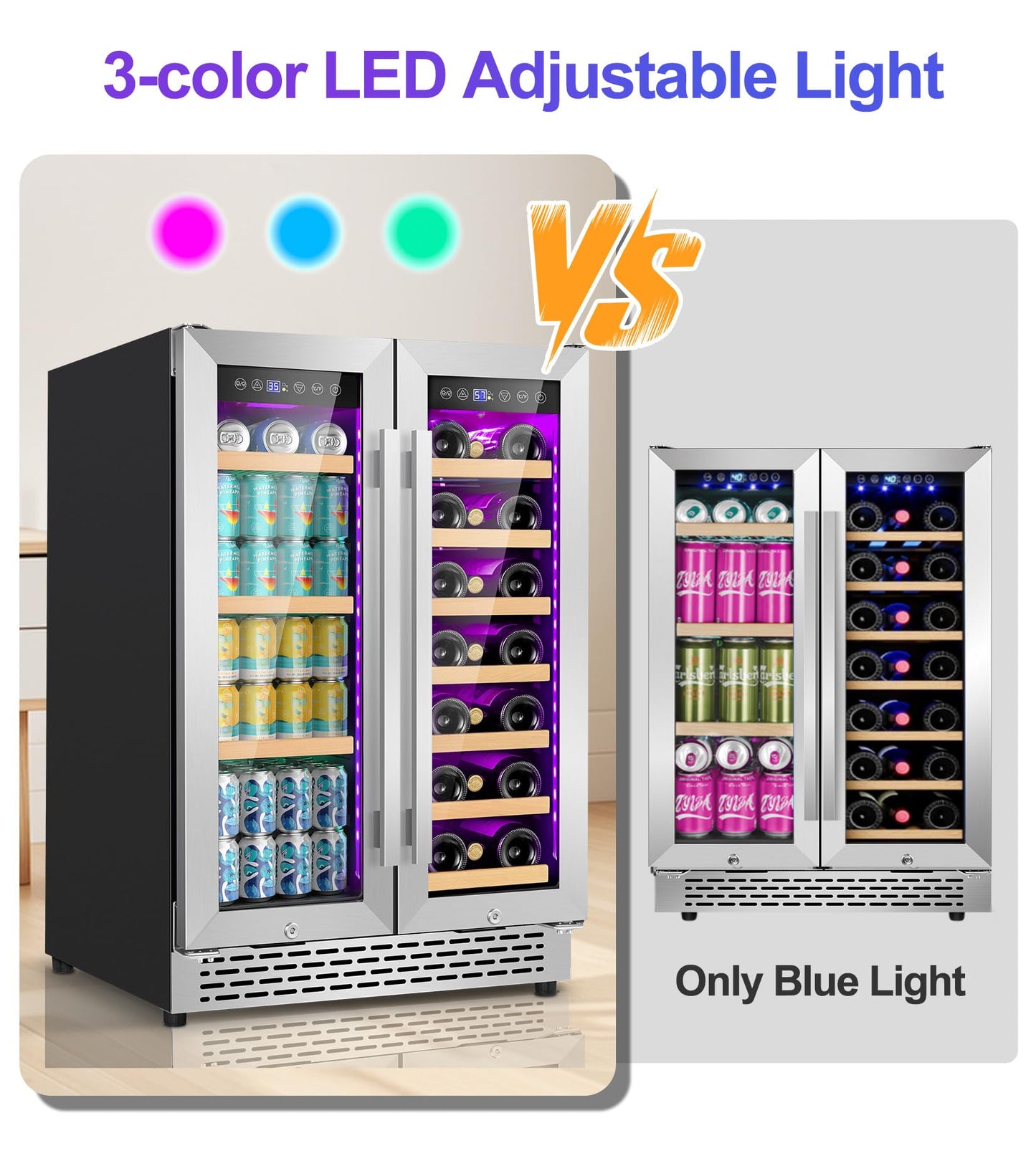 24 Inch Wine and Beverage Refrigerator, 90 Can & 21 Bottle Dual Zone Under Counter or Freestanding Wine Beverage Cooler, 3 LED Stainless-Steel Fridge with Glass Door Fast Cooling for Home/Kitchen