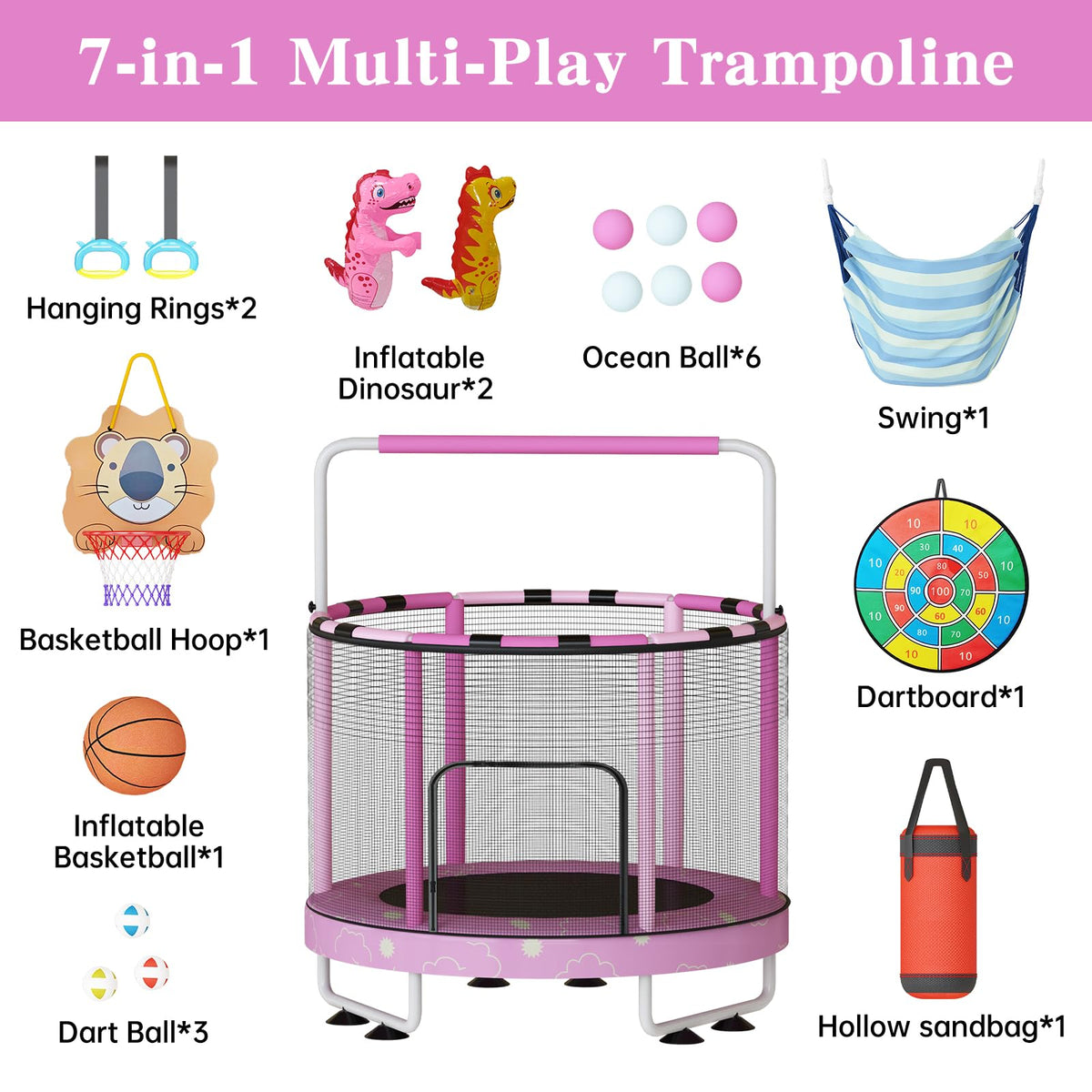 Lamerge 55" 7-in-1 Toddlers Trampoline for Kids, Upgrade Mini Trampoline with Safety Net, Indoor＆Outdoor Toy for Kids 3-8, 500lbs Capacity Trampoline for Boys & Girls, Adjustable Height – Pink Cloud