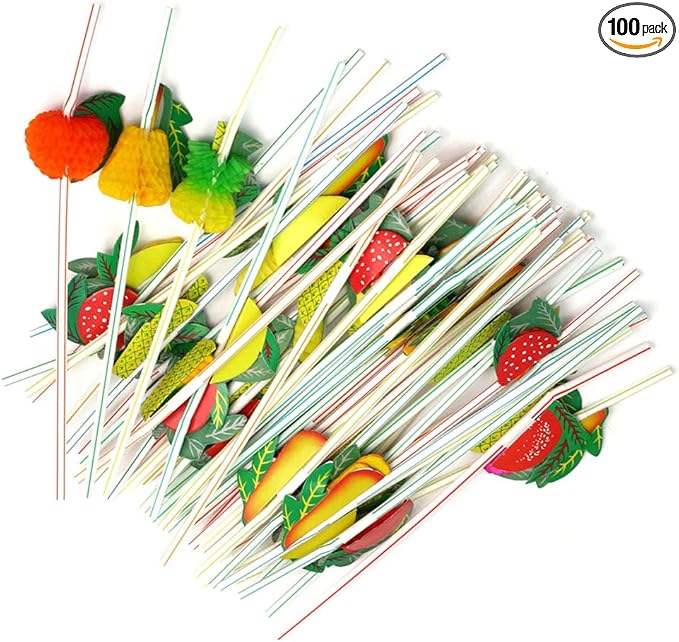 100 Pcs Disposable Flexible Bendable Fruit Straws Table Decor Tropical Drinks - Soft Drinks Hawaiian Cocktail Bars Restaur...
