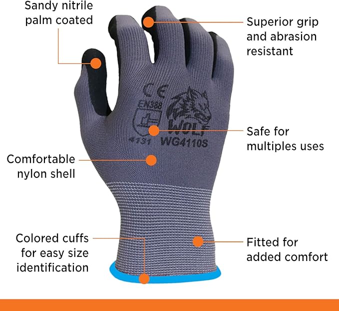 WOLF Ultra-Thin Nitrile Foam Palm Coated Glove with Tacky Dot Grip, Multi Purpose