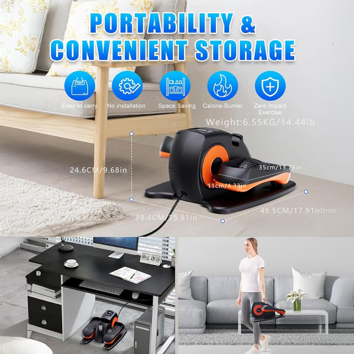 ESL Under Desk Elliptical - Portable Leg Exerciser for Seniors, Assembled Seated Elliptical with Remote Control, LCD Display Electric Elliptical Trainers with Traction Straps