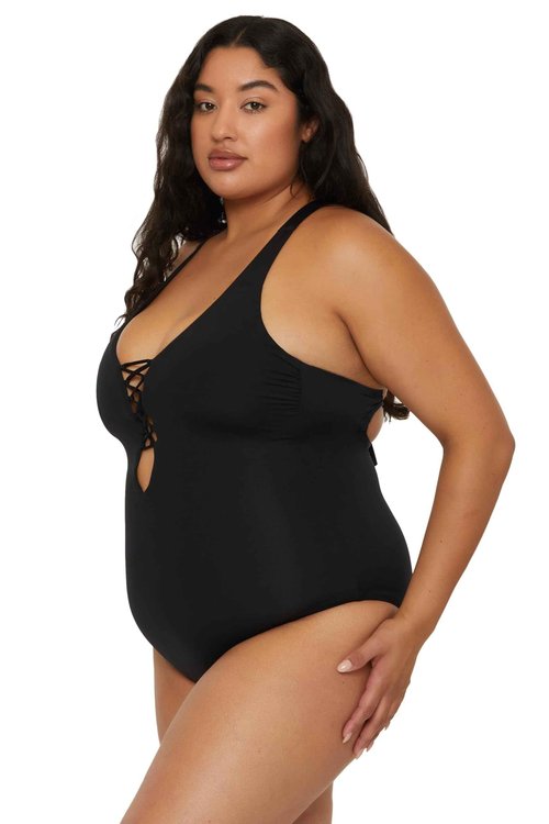 BECCA ETC. Color Code - Women's Plus Size One Piece Swimsuit, Plunge Neck, Bathing Suits for Women, Black, 2X