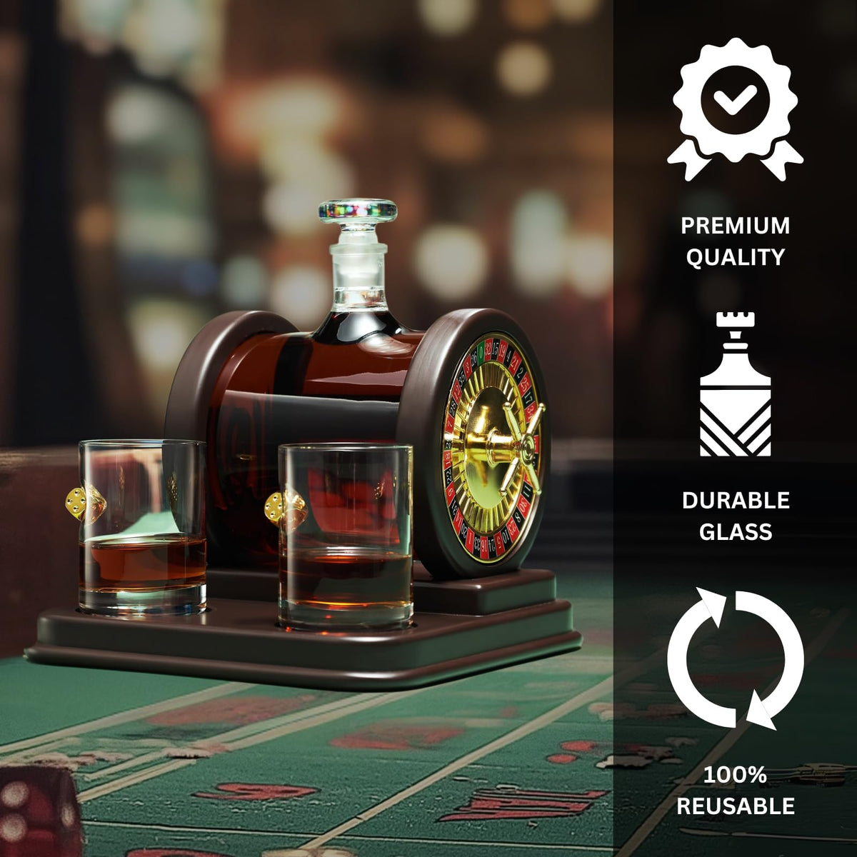 Casino Roulette Whiskey Decanter for Men, Husband, Him | 67.6 OZ Decanter With 2 x 10oz Dice Whiskey Glasses | Gold & Wood Gambling Slot Gift for Bourbon, Scotch, Liquor, Gifts For Dad, Guy, Winter