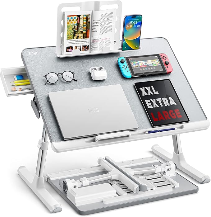 Laptop tray, SAIJI 60*45cm Table lap for bed, Multi-purpose Premium Lapdesk, Height Angle adjustable, with Book Stand, Drawer, Tablet slot, for Eating, Working, Writing, Gaming, Drawing (Light Grey)