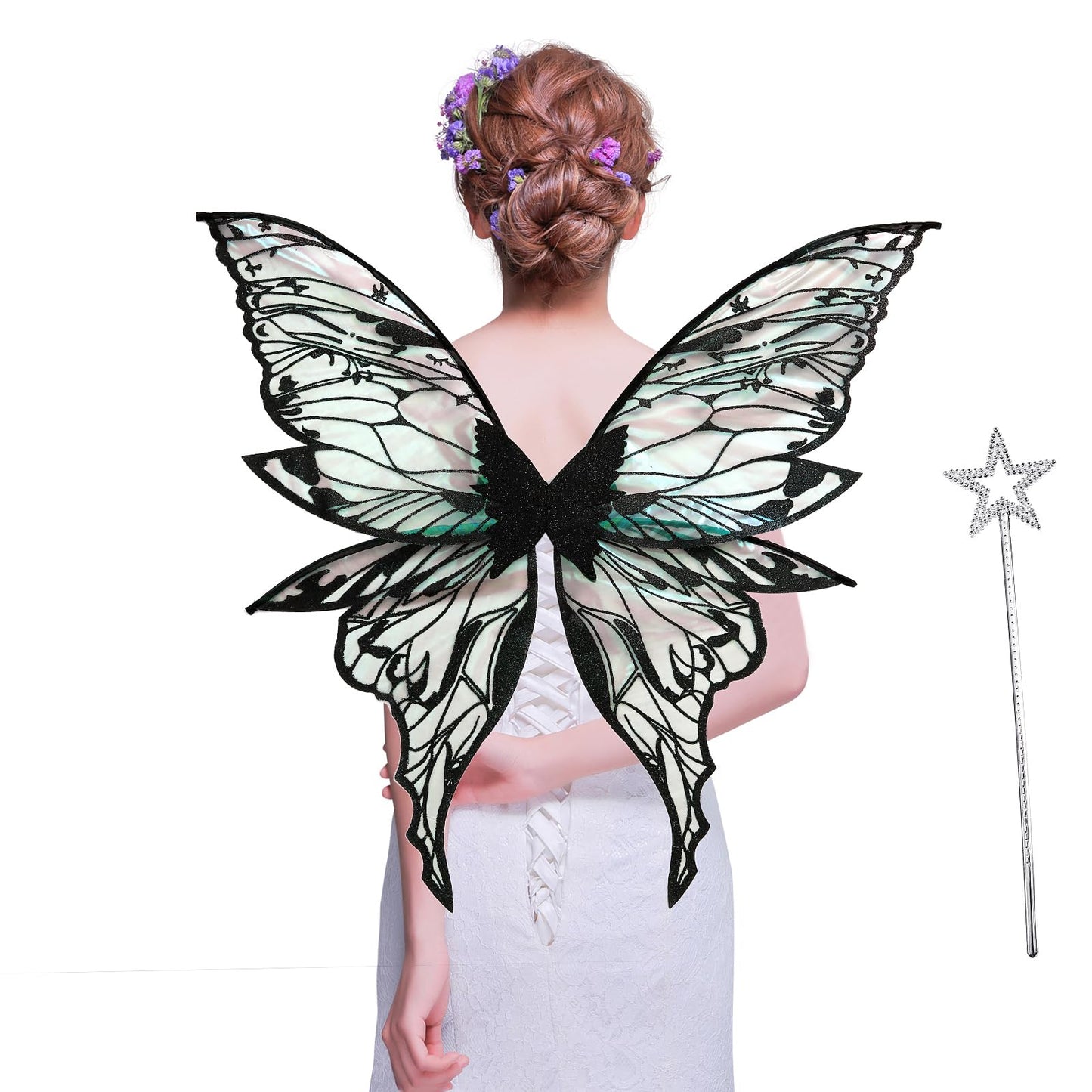 Fairy Wings for Adults Women 31.5"x29.5" Fairy Costume Set Large Butterfly Wings for Halloween Party Black