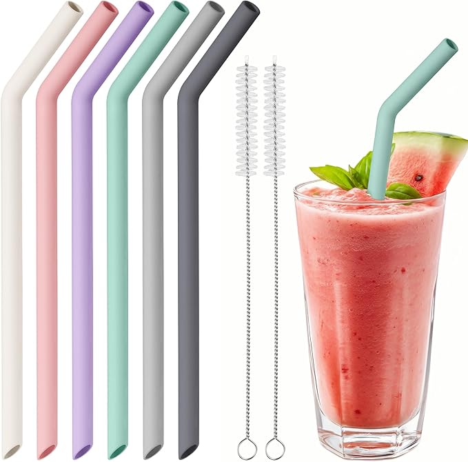 NiHome 6-Pack Reusable Bent Silicone Straws for Boba, Smoothies, Bubble Tea, 0.425" Eco-Friendly Bent Straws for Thick Drinks, Child-Safe, Customizable Length, 2 Brushes Easy Cleaning (Macaron)